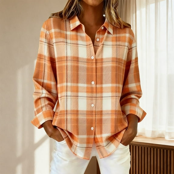 Endives Women's Casual Contrast Color Shirts Plaid Block Long Sleeve Button Down Blouse Tops Fall Winter