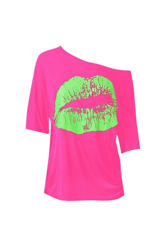 Women's Casual Off Shoulder Shoulder Nostalgic Big Lip Print 80s Clothing Women's Shoulder Medium Sleeved T Shirt Top