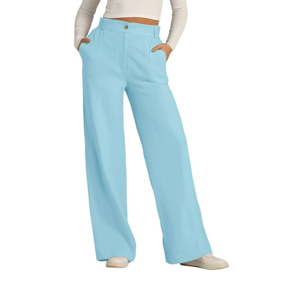 Endives Women's Casual Pants Solid Color Cotton Linen Button Down Wide Leg Long Pants With Loose Outer Pockets