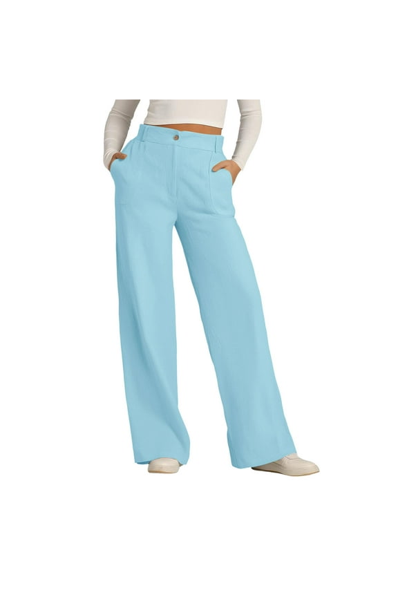 Women's Casual Pants Solid Color Cotton Linen Button Down Wide Leg Long Pants With Loose Outer Pockets