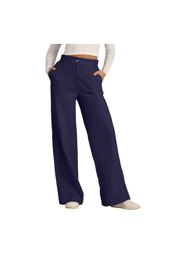 Women's Casual Pants Solid Color Cotton Linen Button Down Wide Leg Long Pants With Loose Outer Pockets