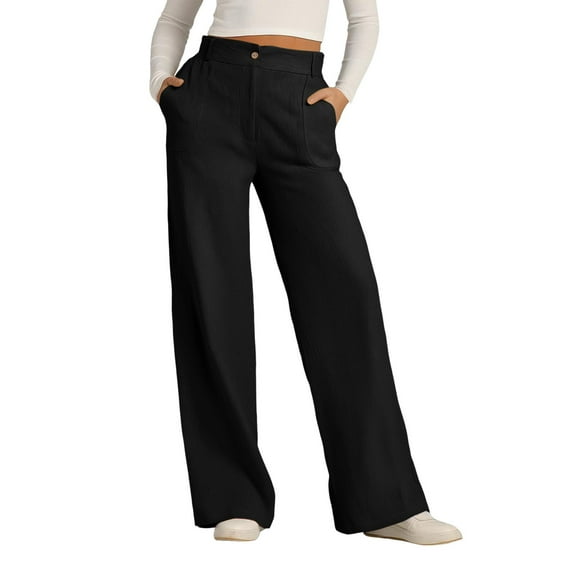 Endives Women's Casual Pants Solid Color Cotton Linen Button Down Wide Leg Long Pants With Loose Outer Pockets