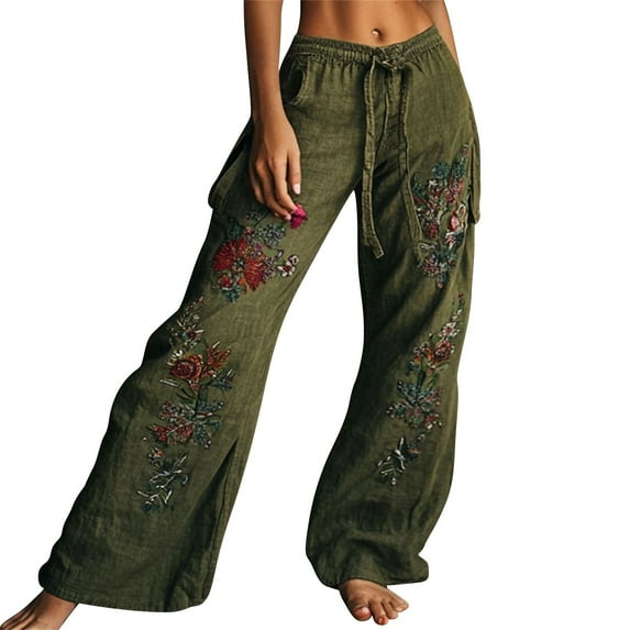Endives Women's Casual Pants Vintage Floral Art Printed Cotton Linen Wide Leg Pants