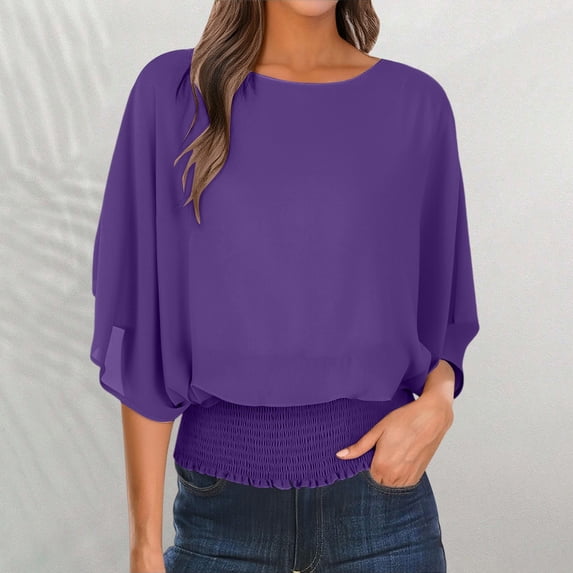Endives Women's Chiffon Shirt Blouses Casual Boat Neck Chiffon Blouses Batwing Tops Tunic Top Spring Outfit Purple