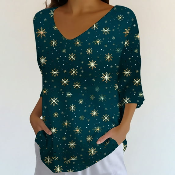 Endives Women's Christmas Shirt V Neck Shirt Snowflake Printed 3/4 Sleeve T Shirt