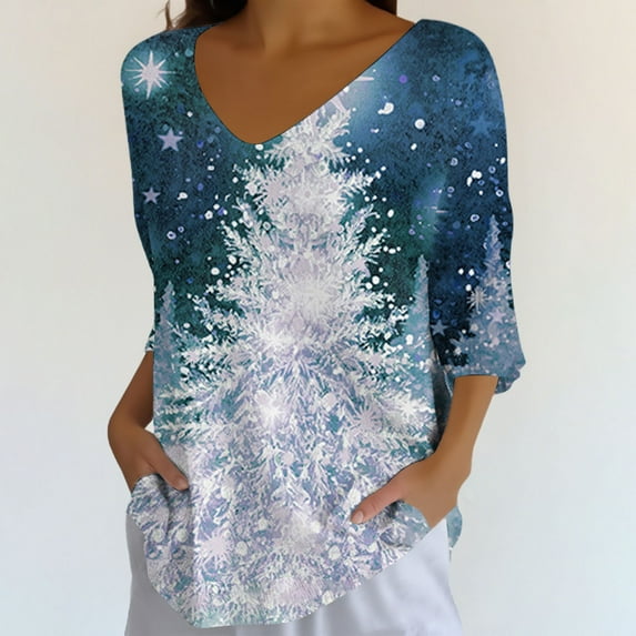Endives Women's Christmas Shirt V Neck Shirt Snowflake Printed 3/4 Sleeve T Shirt