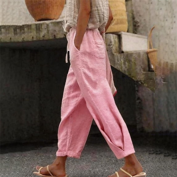 Endives Women's Cotton Linen Pant Spring Pants Tie Up Solid Color Casual Elastic Waist Pants with Pockets Summer Trendy Pink