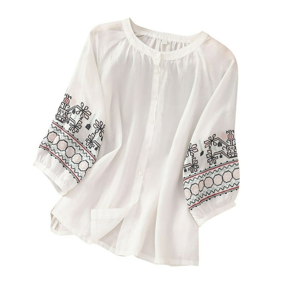 Endives Women's Cotton Linen Short Sleeve Blouse Loose Round Neck Tunic Summer Boho Vintage Embroidery Top Loose Breathable T Shirt Plus Size