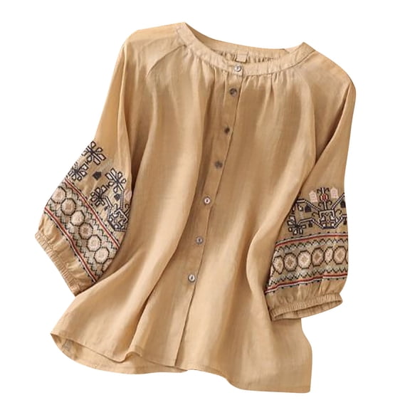 Endives Women's Cotton Linen Short Sleeve Blouse Loose Round Neck Tunic Summer Boho Vintage Embroidery Top Loose Breathable T Shirt Plus Size