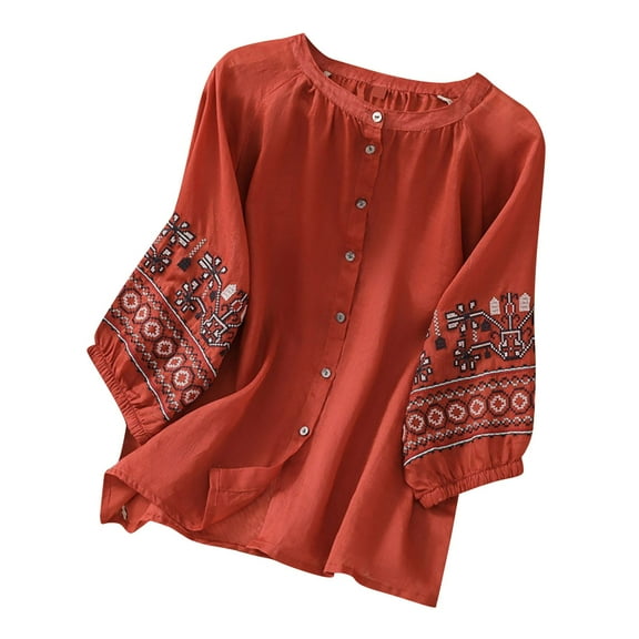 Endives Women's Cotton Linen Short Sleeve Blouse Loose Round Neck Tunic Summer Boho Vintage Embroidery Top Loose Breathable T Shirt Plus Size