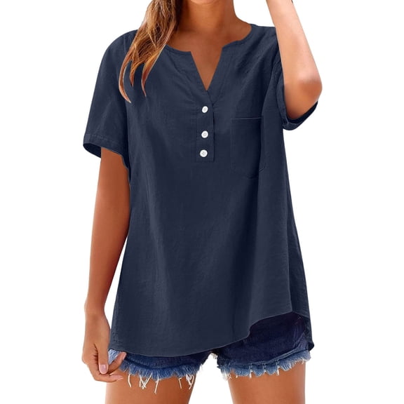 Endives Women's Short Sleeve T-shirt Cotton Linen T Shirts Summer Button Down Tops Casual Blouses Oversized T shirts 2025