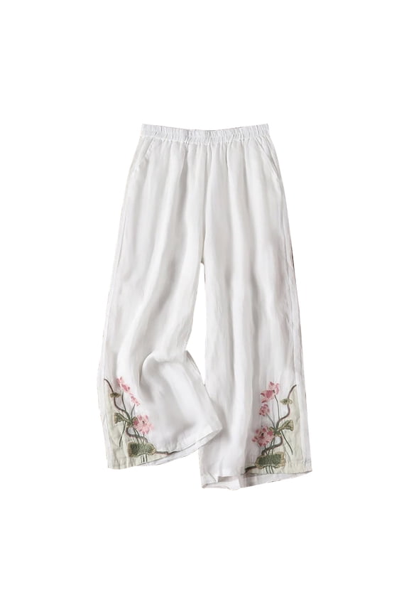 Women' s Culottes Linen Blend Embroidered Wide Leg Pants Elastic Waist Casual Pants With Pockets White