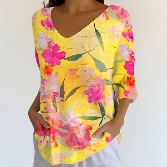 Endives Women's Elegant Shirts 3/4 Length Sleeve Casual Loose with Round Neck Shirts Womens Tops 2025