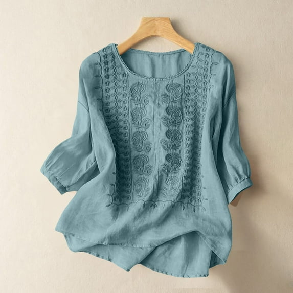 Endives Women's Embroidered Tops Solid Color Pleated Cotton Linen Shirts Blouse Spring Summer