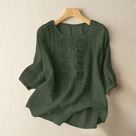Endives Women's Embroidered Tops Solid Color Pleated Cotton Linen Shirts Blouse Spring Summer