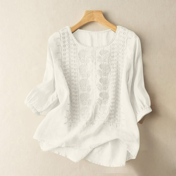 Endives Women's Embroidered Tops Solid Color Pleated Cotton Linen Shirts Blouse Spring Summer