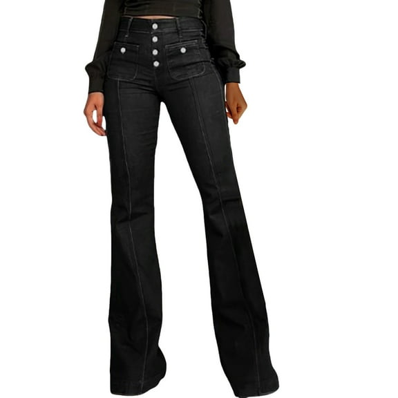 Endives Women's Flare Bell Bottom High Waist Jeans Vintage Stretch Denim Trouser With Pocket