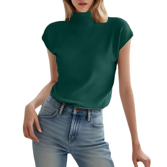 Endives Women's Ice Silk Short Sleeve Sweater Small Turtle Collar Spring and Summer Casual Basic Knitted Slim Fit Pullover
