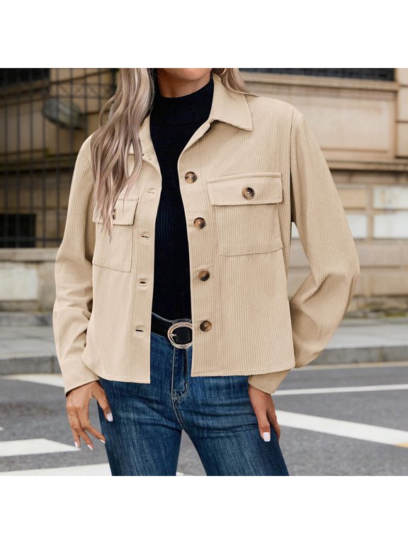 Women's Jacket Corduroy Cropped Lapel Button Down Shacket Long Sleeve with Pockets Casual Fall Winter Short Coat S