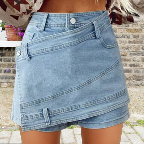 Endives Women's Jean Denim Skort High Waisted Asymmetrical Short Skirt