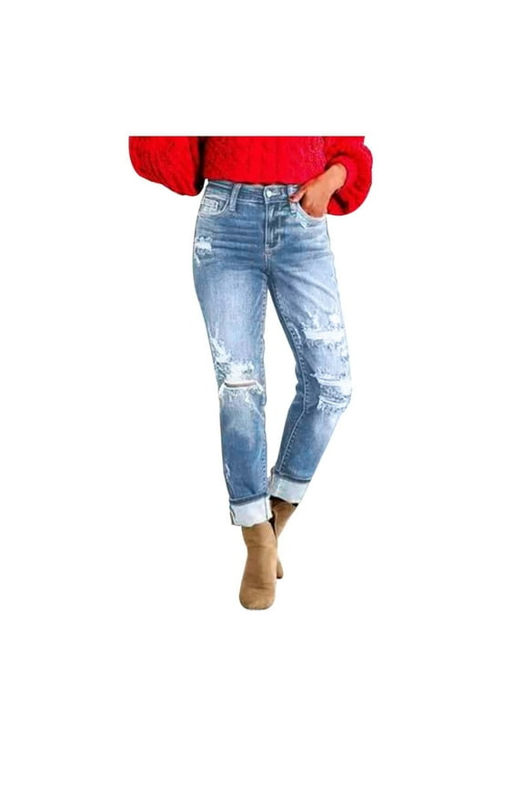 Women's Jean Distressed Cuffed Jeans Ripped Mid Loose Fit Stretchy Denim Pants