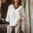 thumbnail image 1 of Endives Women's Linen Blouse 3/4 Sleeve Tops V Neck Loose Fit Summer Top Beach Vacation Outfit White, 1 of 7