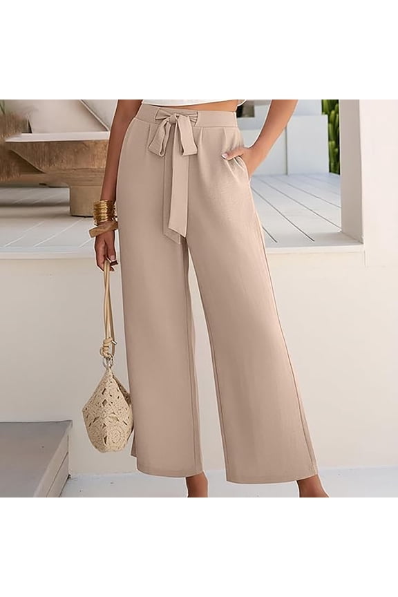 Women's Linen Pant Cropped Wide Leg Pants Tie Up Casual Loose High Waist Baggy Beach Harem Pants With Pockets Spring Summer Beige