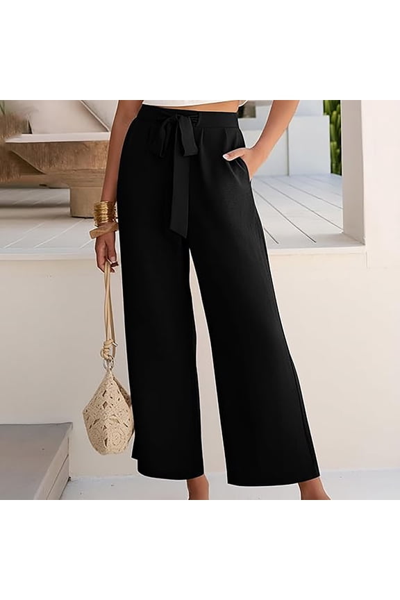 Women's Linen Pant Cropped Wide Leg Pants Tie Up Casual Loose High Waist Baggy Beach Harem Pants With Pockets Spring Summer Black