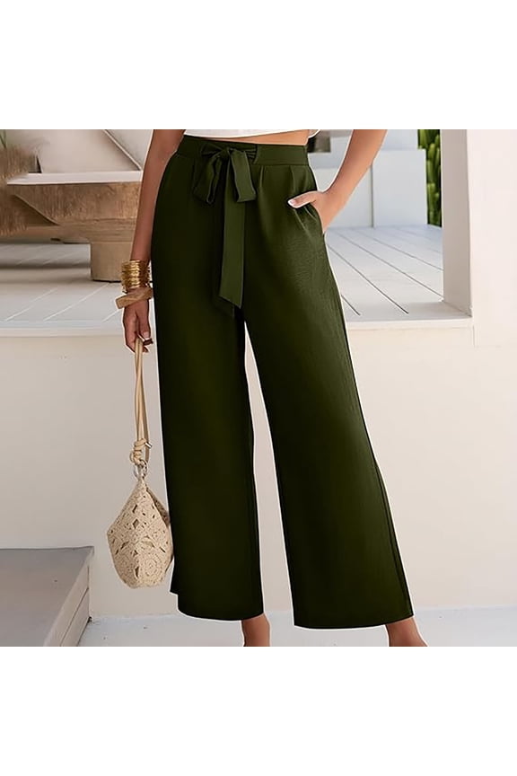 Women's Linen Pant Cropped Wide Leg Pants Tie Up Casual Loose High Waist Baggy Beach Harem Pants With Pockets Spring Summer Blackish Green