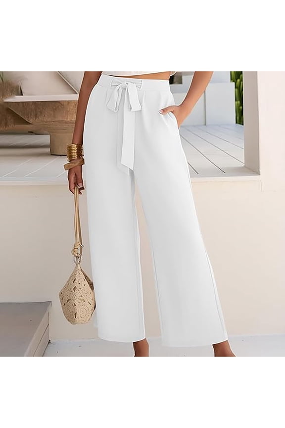 Women's Linen Pant Cropped Wide Leg Pants Tie Up Casual Loose High Waist Baggy Beach Harem Pants With Pockets Spring Summer White