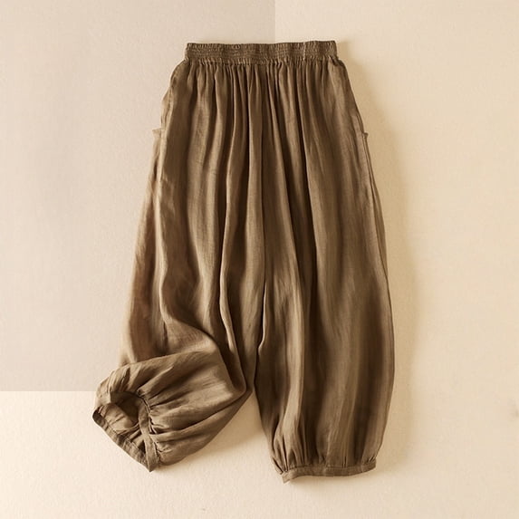 Endives Women's Linen Pant Fashion Solid Color High Waist Elastic Casual Pants Wide Leg Pants Beach Vacation Outfits for Women
