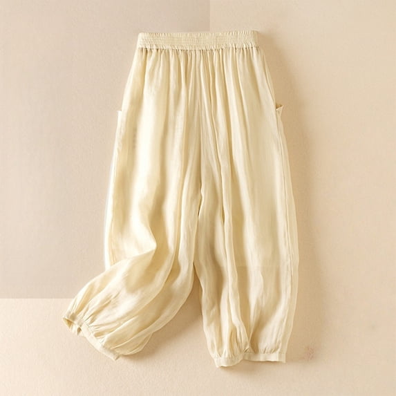 Endives Women's Linen Pant Fashion Solid Color High Waist Elastic Casual Pants Wide Leg Pants Beach Vacation Outfits for Women