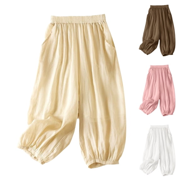 Endives Women's Linen Pant Fashion Solid Color High Waist Elastic Casual Pants Wide Leg Pants Beach Vacation Outfits for Women