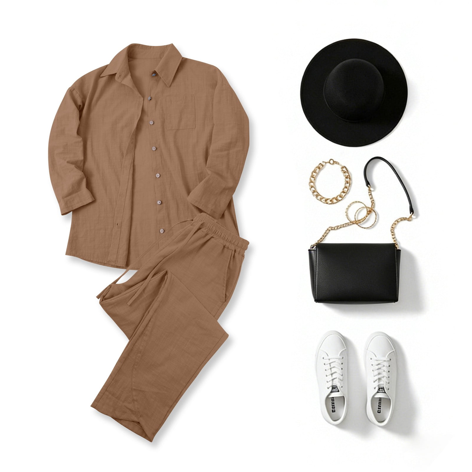 Women's Linen Pant Suit Fashion Athleisure Solid Color Drop Shoulder Long Sleeve Button Down Shirt and Pant Set S-5XL