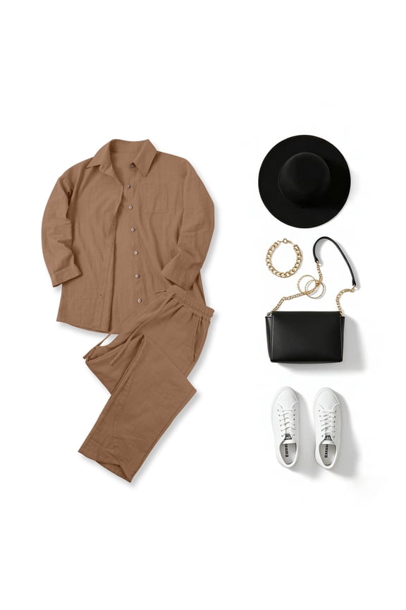 Women's Linen Pant Suit Fashion Athleisure Solid Color Drop Shoulder Long Sleeve Button Down Shirt and Pant Set S-5XL