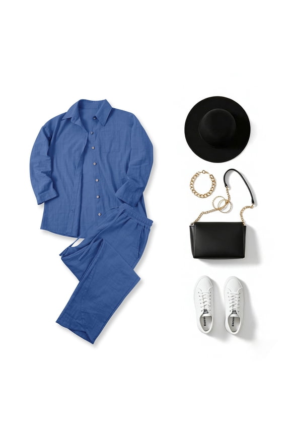 Women's Linen Pant Suit Fashion Athleisure Solid Color Drop Shoulder Long Sleeve Button Down Shirt and Pant Set S-5XL