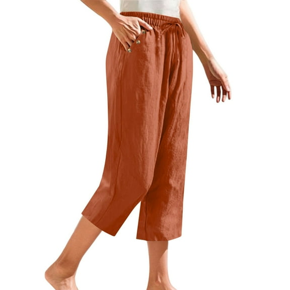 Endives Women's Linen Pants Petite Summer Cotton Linen Straight Leg Cropped Pants With Pockets