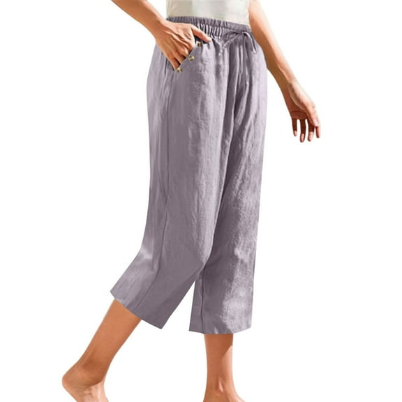 Endives Women's Linen Pants Petite Summer Cotton Linen Straight Leg Cropped Pants With Pockets