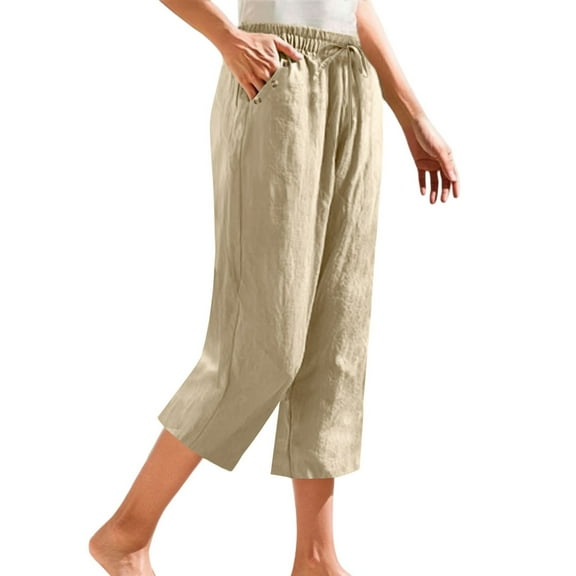 Endives Women's Linen Pants Petite Summer Cotton Linen Straight Leg Cropped Pants With Pockets