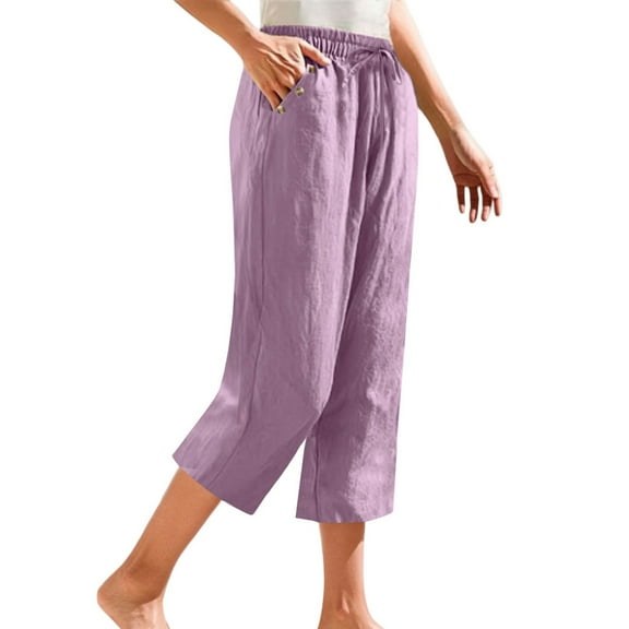 Endives Women's Linen Pants Petite Summer Cotton Linen Straight Leg Cropped Pants With Pockets