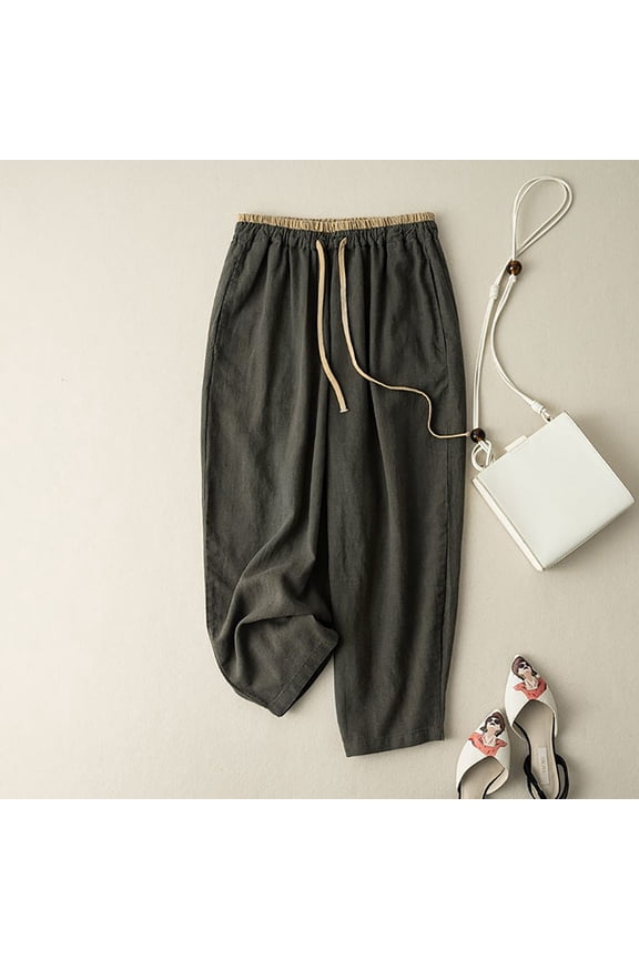 Women's Linen Pants Spring Drooping Pants Tie Up Wide Leg Pants Loose Slim Casual Baggy Cropped Pants Straight Leg Pants Summer Army Green