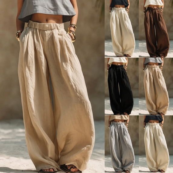 Endives Women's Linen Pants Wide Leg Pants for Women Elastic High Waist Loose Pant With Pockets Casual Summer Beach Vacation Pants Baggy Pants Palazzo Grey M