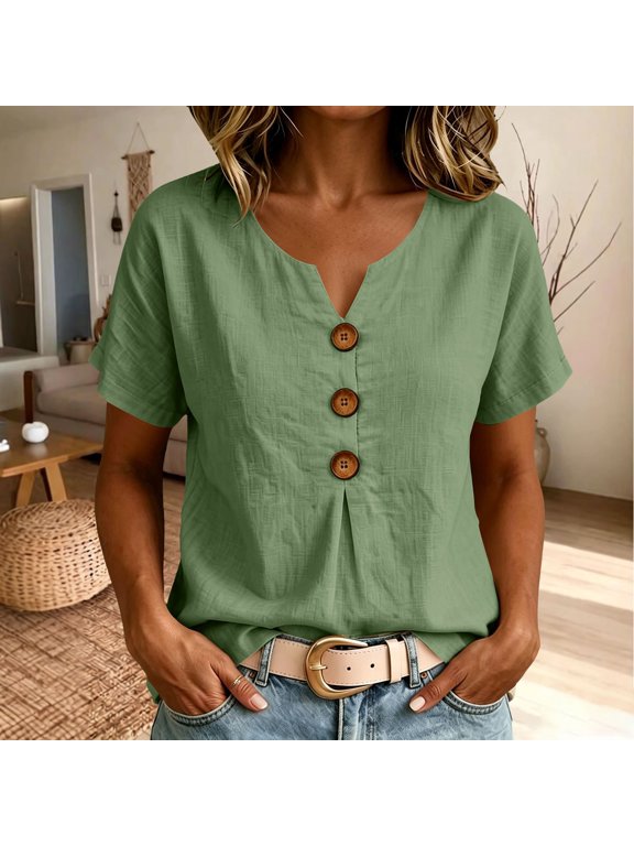 Women's Linen Shirt Casual Summer Tops For Women V Neck Tshirt with Button Decor Beach Vacation T-shirt Going Out Top Short Sleeve Shirts for Women Green XXL