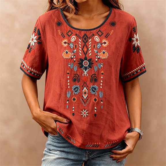 Endives Women's Linen Shirt Embroidered T Shirt Ethnic Style Casual Short Sleeve T-shirt Womens Summer Top Boho Top for Women Red XL