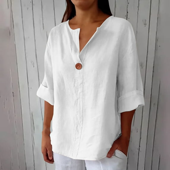 Endives Women's Linen Shirt V Neck Half Sleeve Loose Fit Casual Blouse Spring Outfit Women's Plus S-5XL