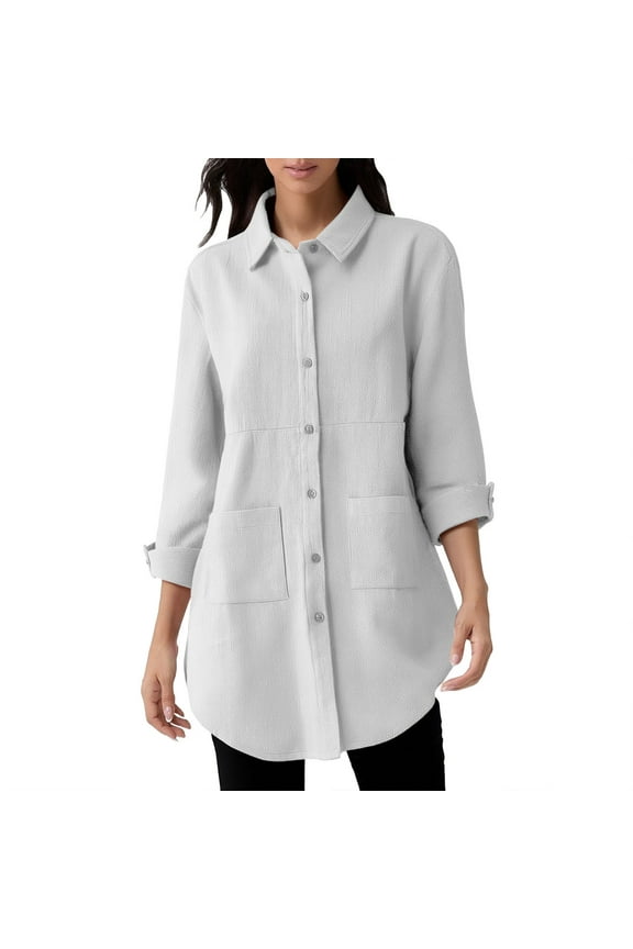 Women's Linen Shirts Button Down Long Tunic Tops Plus Size Blouse With Pockets