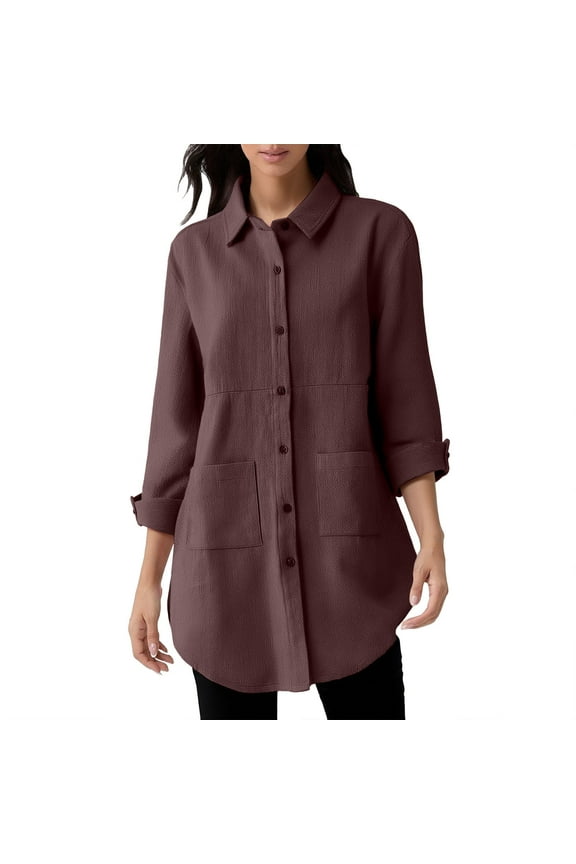 Women's Linen Shirts Button Down Long Tunic Tops Plus Size Blouse With Pockets