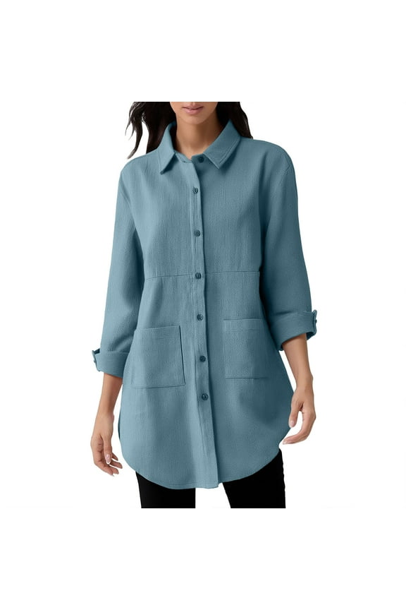 Women's Linen Shirts Button Down Long Tunic Tops Plus Size Blouse With Pockets