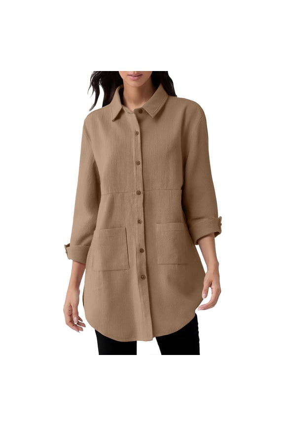 Women's Linen Shirts Button Down Long Tunic Tops Plus Size Blouse With Pockets