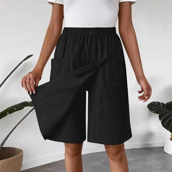 Endives Women's Linen Short Solid Color with Pocket Casual Shorts with Skirt Pants Women's Casual Pants Summer Black